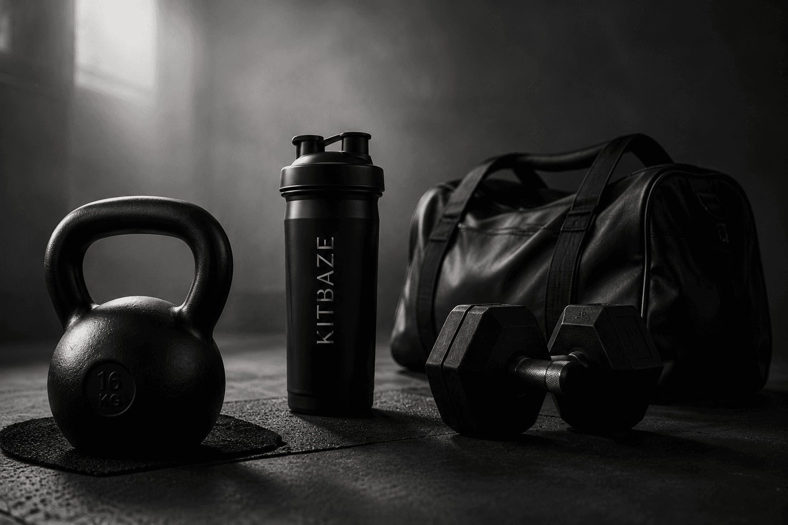 Sports equipment including a kettlebell and shaker bottle